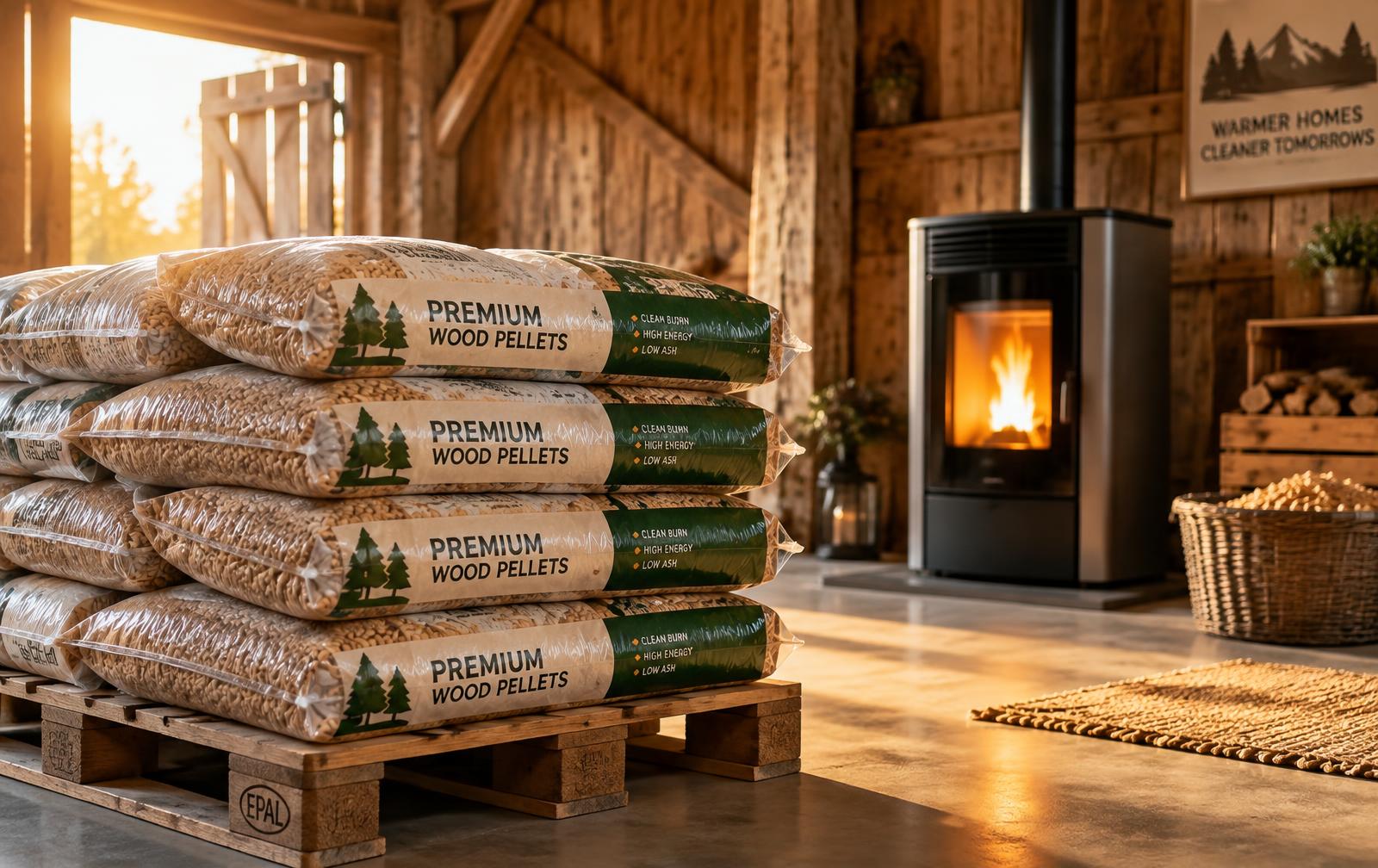 Sacchi di pellet su bancale in un ambiente in legno con stufa accesa